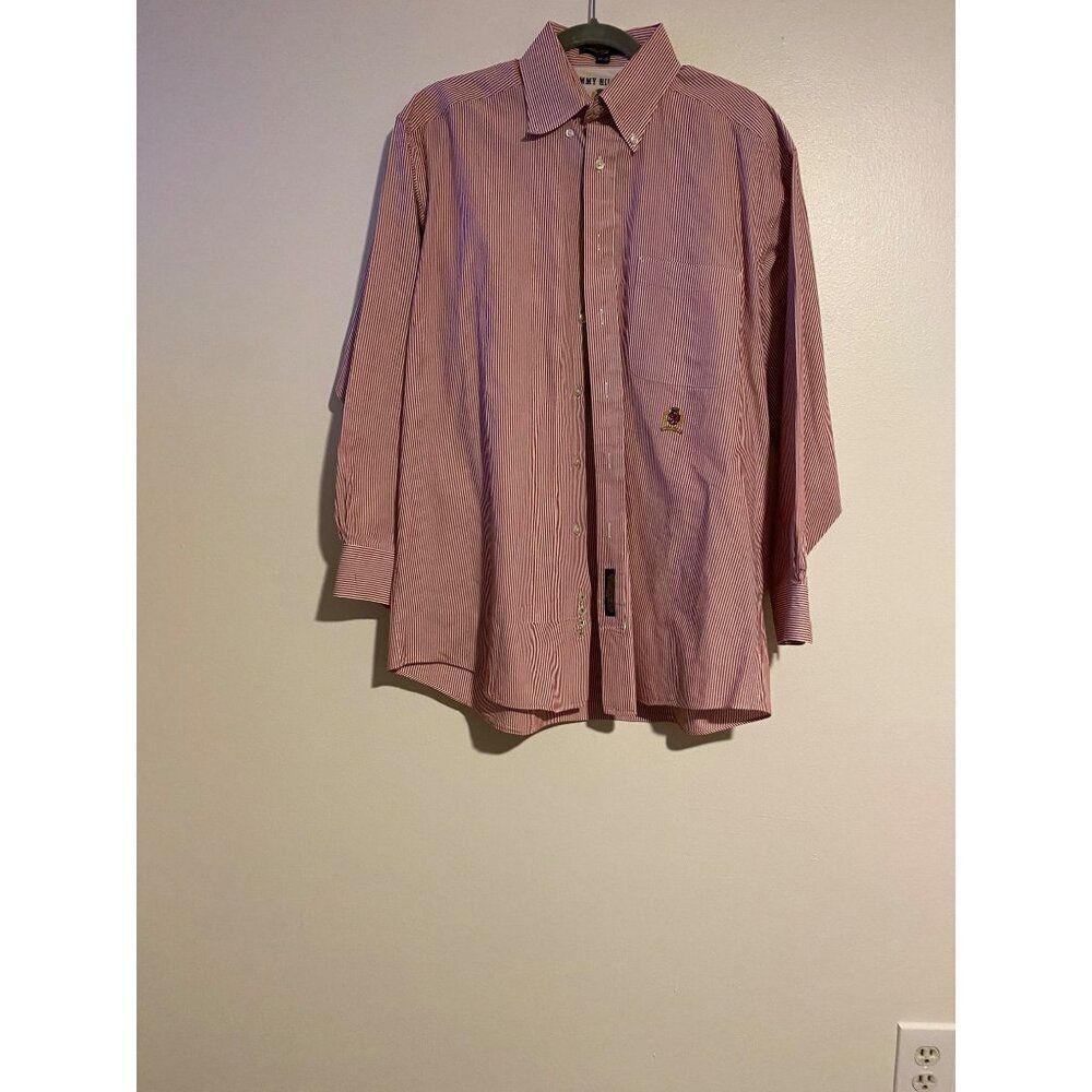 Tommy Hilfiger Striped Button-Down Shirt 15.5" 33 Long Sleeve Mens Red/White Y2K